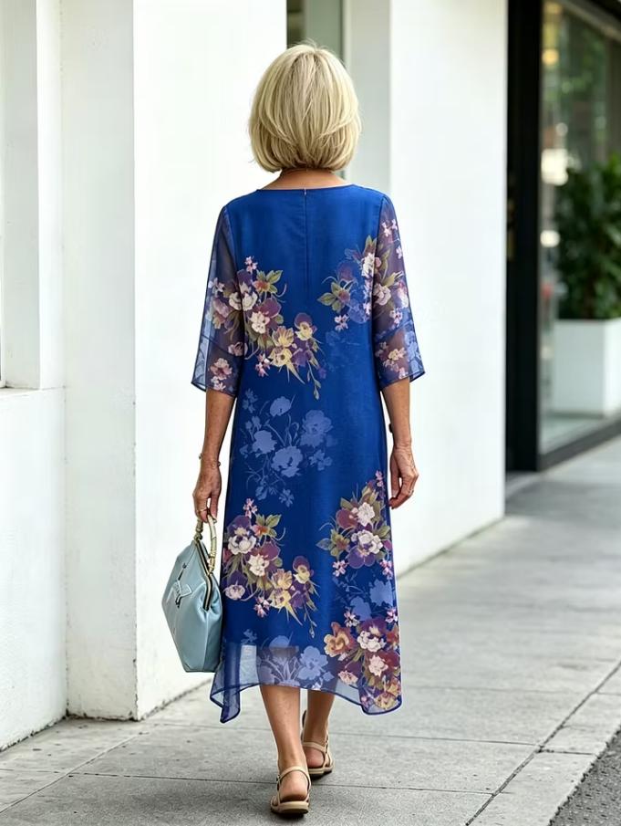 Blue Floral Print Chiffon Layered Round Neck 3/4 Sleeve A-Line Midi Dress For Mature Women