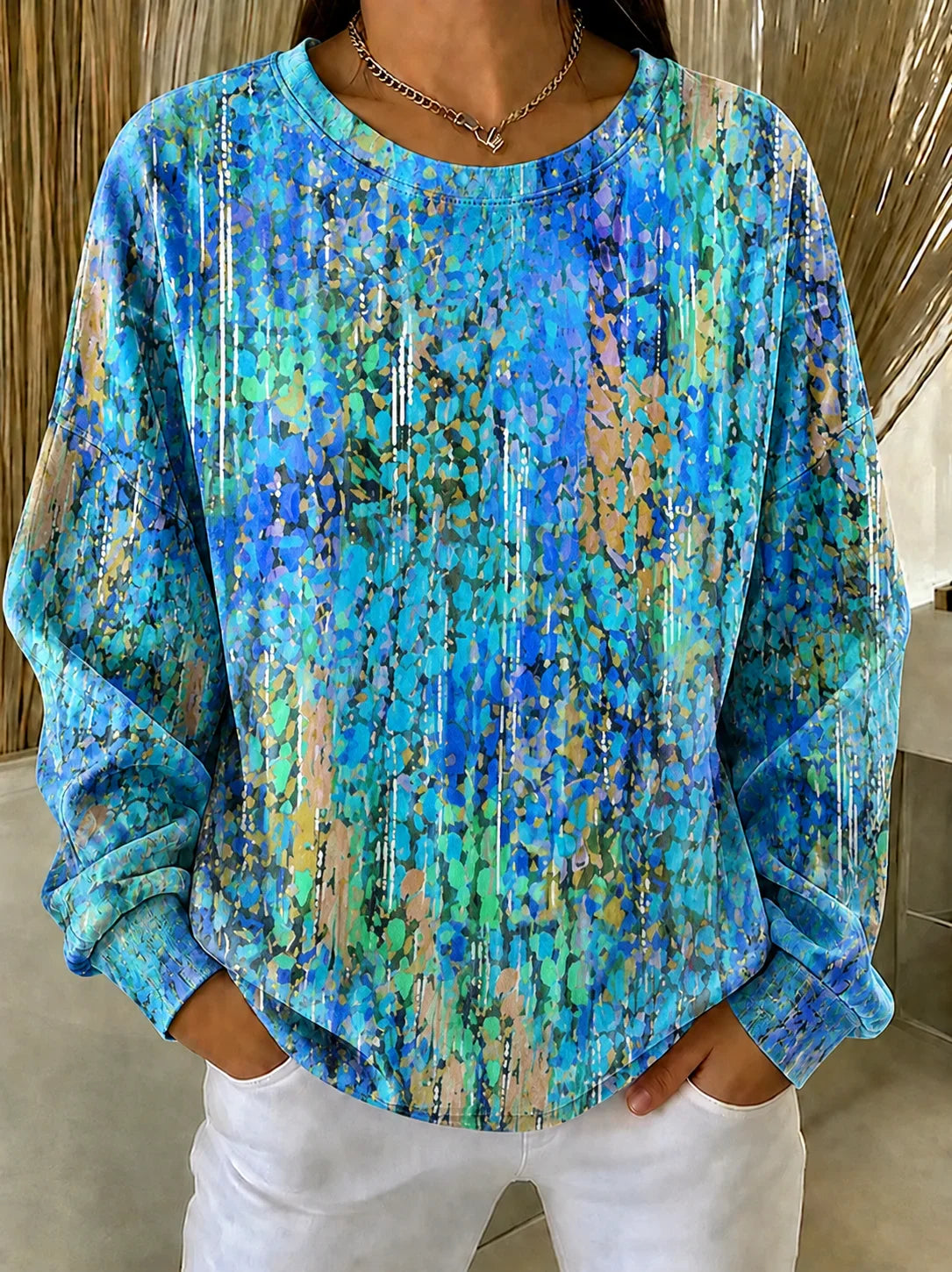 Women Crew Neck Abstract Random Print Long Sleeve Casual Sweatshirt