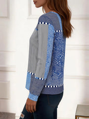 Women Geometric Patchwork Print Crew Neck Long Sleeve Casual T-shirt