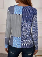 Women Geometric Patchwork Print Crew Neck Long Sleeve Casual T-shirt