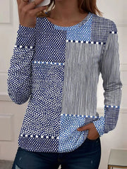 Women Geometric Patchwork Print Crew Neck Long Sleeve Casual T-shirt