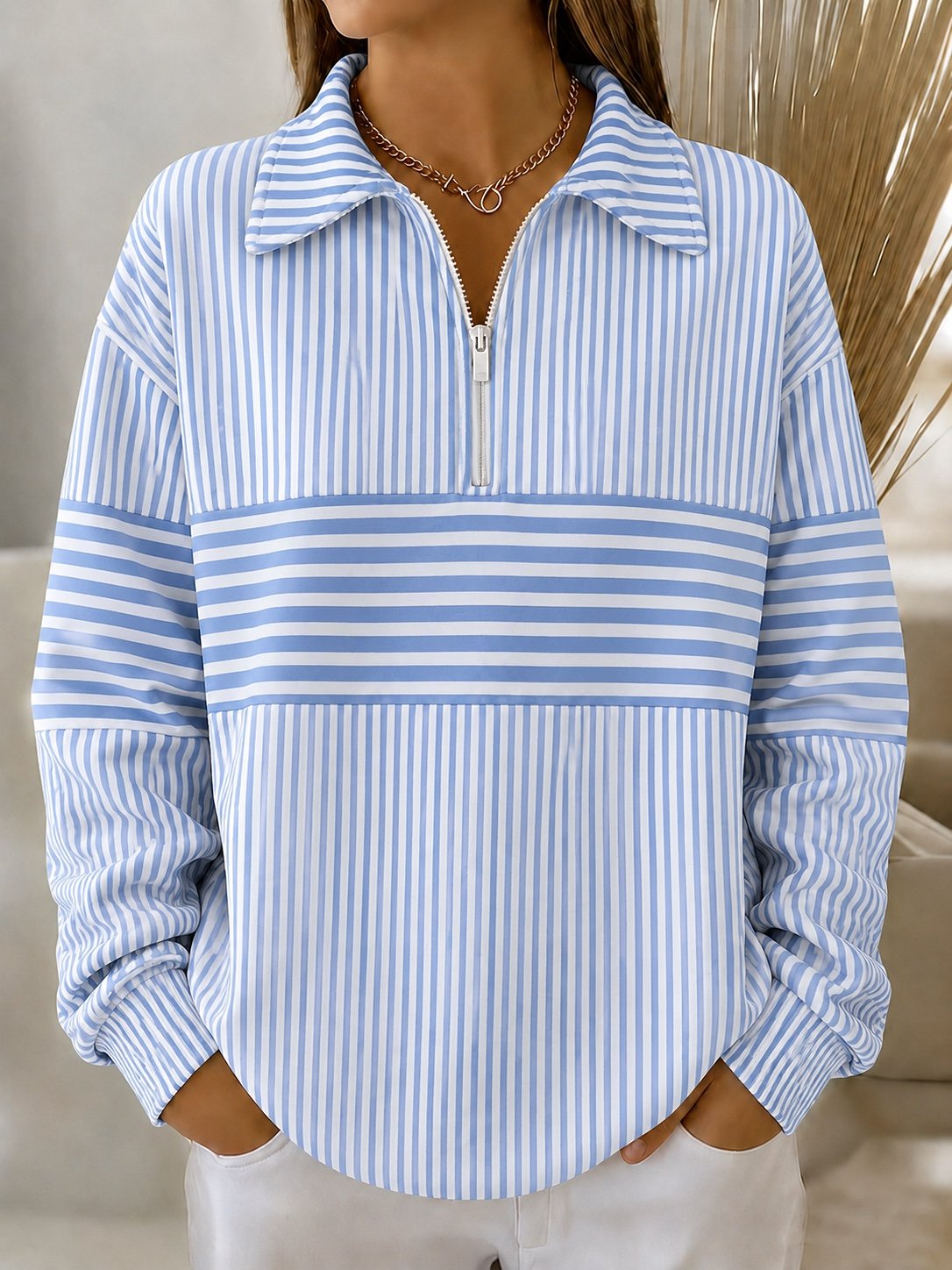 Women Color Block Stripe Half-Zip Collar Long Sleeve Casual Sweatshirt