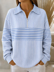 Women Color Block Stripe Half-Zip Collar Long Sleeve Casual Sweatshirt