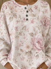 Women Vintage Floral Print Henley Neck Long Sleeve Casual Top