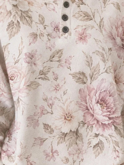 Women Vintage Floral Print Henley Neck Long Sleeve Casual Top
