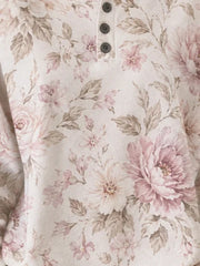 Women Vintage Floral Print Henley Neck Long Sleeve Casual Top
