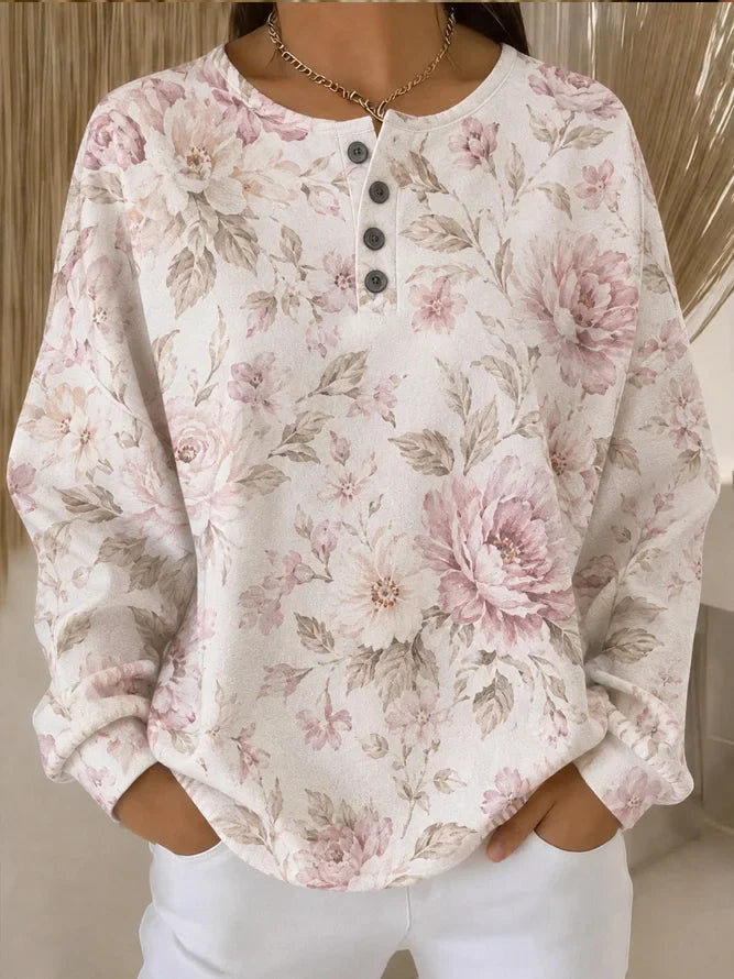 Women Vintage Floral Print Henley Neck Long Sleeve Casual Top