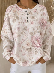 Women Vintage Floral Print Henley Neck Long Sleeve Casual Top