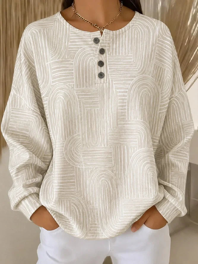 Women Geometric Jacquard Henley Long Sleeve Casual Sweatshirt