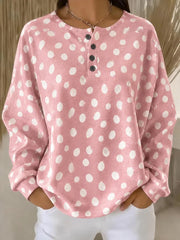Women Pink Polka Dot Print Henley Neck Long Sleeve Casual Sweatshirt