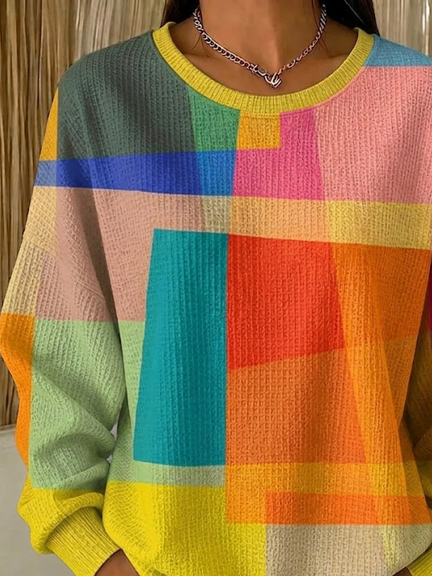 Women Color Block Geometric Plaid Print Crew Neck Casual Sweatshirt