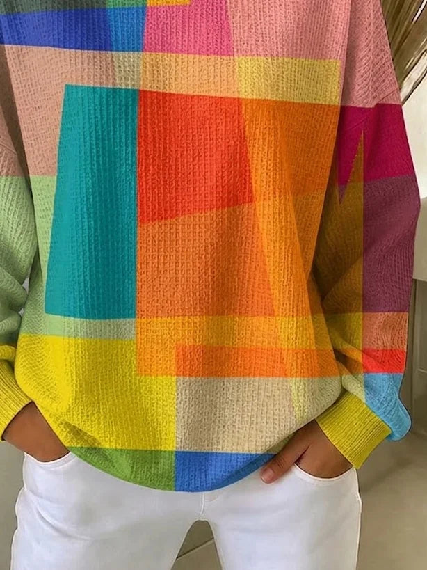 Women Color Block Geometric Plaid Print Crew Neck Casual Sweatshirt