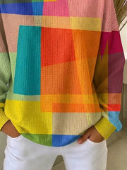 Women Color Block Geometric Plaid Print Crew Neck Casual Sweatshirt