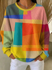 Women Color Block Geometric Plaid Print Crew Neck Casual Sweatshirt