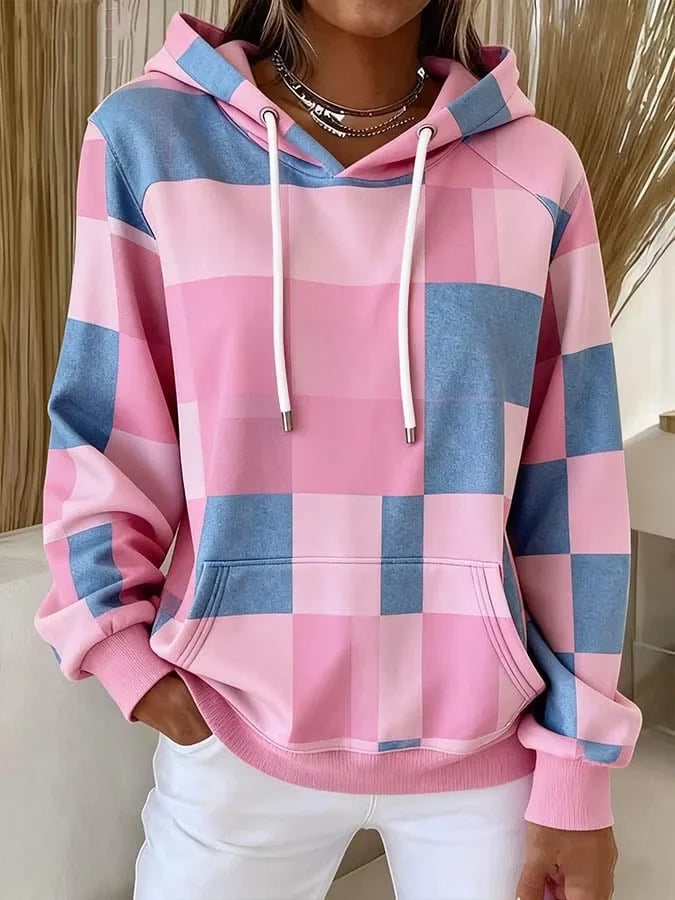 Women Pink Blue Plaid Color Block Hooded Casual Sweatshirt