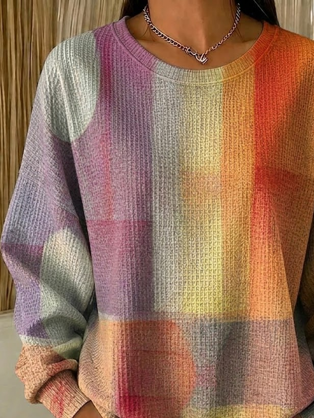Women Gradient Abstract Plaid Waffle Knit Crew Neck Casual Sweatshirt