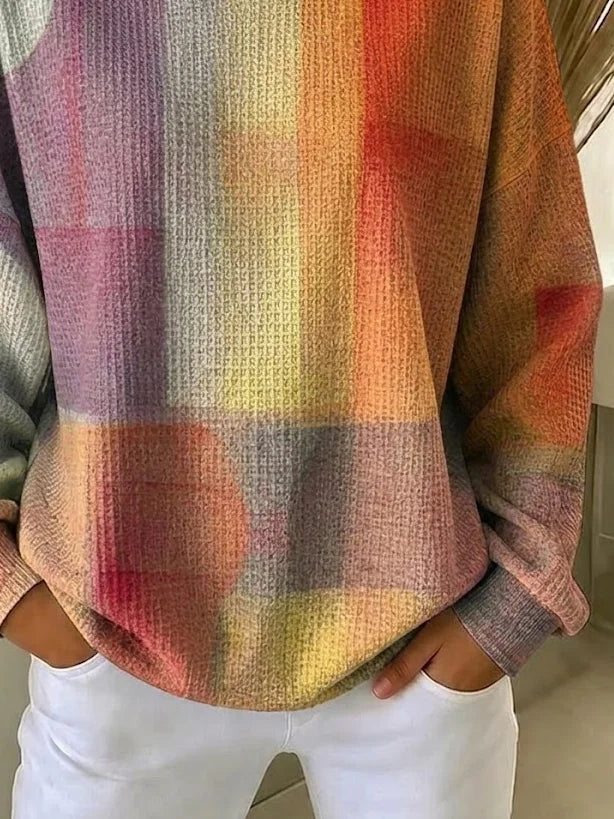 Women Gradient Abstract Plaid Waffle Knit Crew Neck Casual Sweatshirt