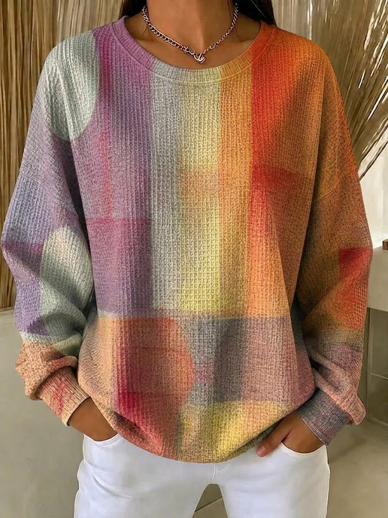 Women Gradient Abstract Plaid Waffle Knit Crew Neck Casual Sweatshirt