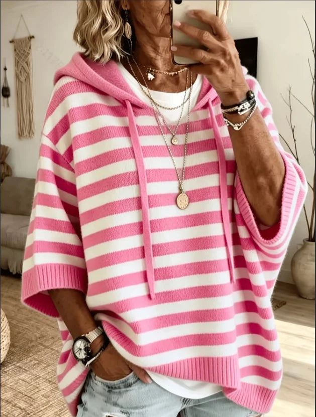 Women Pink White Striped Hooded Half Sleeve Knit Casual Top