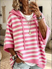 Women Pink White Striped Hooded Half Sleeve Knit Casual Top