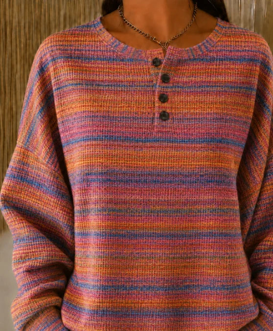 Women Multicolor Gradient Stripe Henley Waffle Knit Long Sleeve Top
