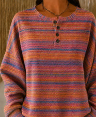Women Multicolor Gradient Stripe Henley Waffle Knit Long Sleeve Top