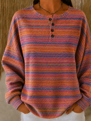 Women Multicolor Gradient Stripe Henley Waffle Knit Long Sleeve Top