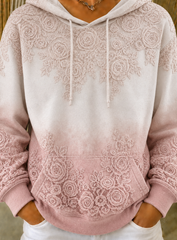 Women Pink White Gradient Lace Floral Embossed Hooded Sweatshirt
