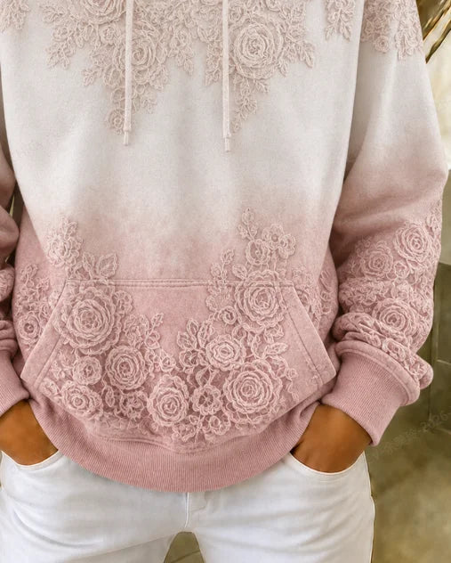 Women Pink White Gradient Lace Floral Embossed Hooded Sweatshirt