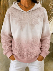 Women Pink White Gradient Lace Floral Embossed Hooded Sweatshirt