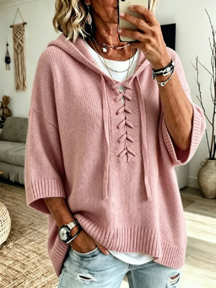 Women Pink Lace Up Front Half Sleeve Loose Knit Hooded Sweater