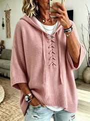 Women Pink Lace Up Front Half Sleeve Loose Knit Hooded Sweater
