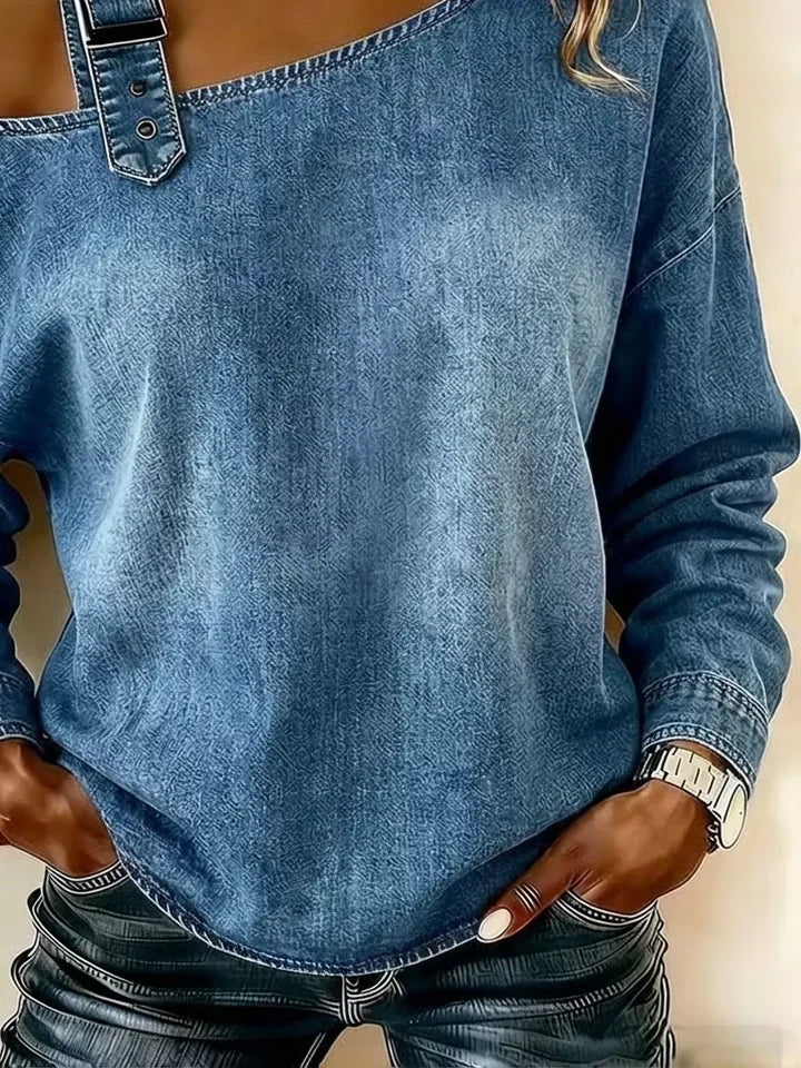 Women Blue Denim Texture Off Shoulder Buckle Strap Long Sleeve Top