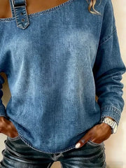 Women Blue Denim Texture Off Shoulder Buckle Strap Long Sleeve Top