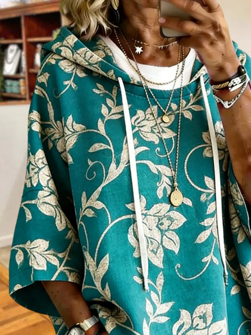 Women Green Vintage Floral Print Half Sleeve Loose Hooded Top