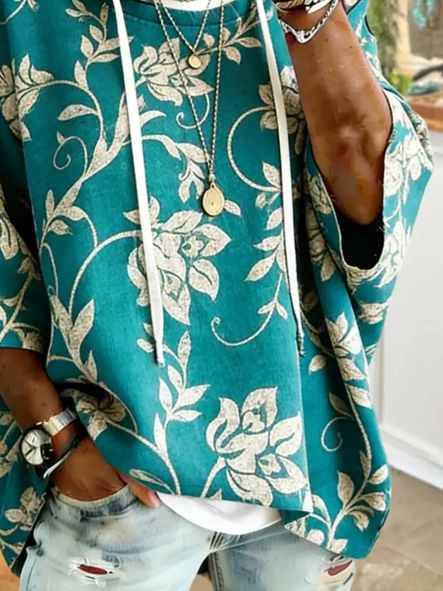 Women Green Vintage Floral Print Half Sleeve Loose Hooded Top