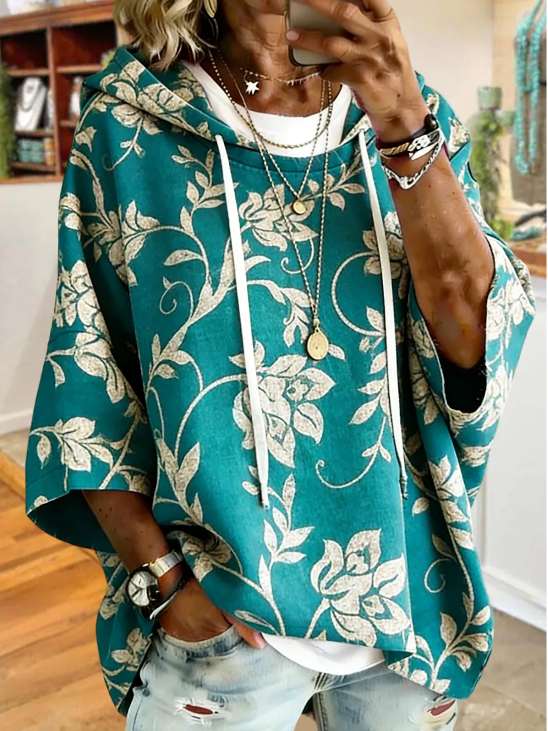 Women Green Vintage Floral Print Half Sleeve Loose Hooded Top