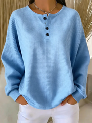 Solid Waffle Knit Henley Neck Long Sleeve Top