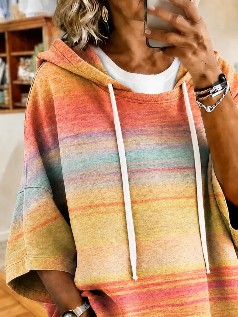 Gradient Tie Dye Abstract Stripe Print Loose Half Sleeve Drawstring Hooded Casual Pullover Hoodie