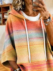 Gradient Tie Dye Abstract Stripe Print Loose Half Sleeve Drawstring Hooded Casual Pullover Hoodie