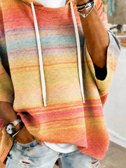Gradient Tie Dye Abstract Stripe Print Loose Half Sleeve Drawstring Hooded Casual Pullover Hoodie