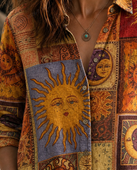 Vintage Sun Moon Ethnic Patchwork Print Long Sleeve Button Down Shirt