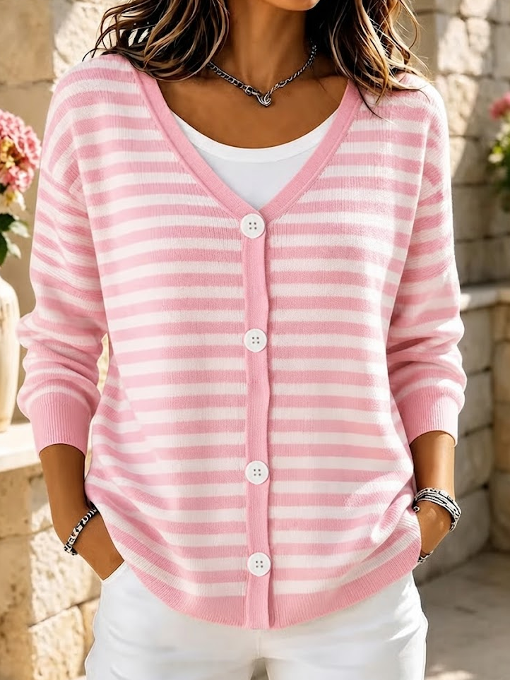 Pink White Striped V-Neck Button Long Sleeve Loose Cardigan