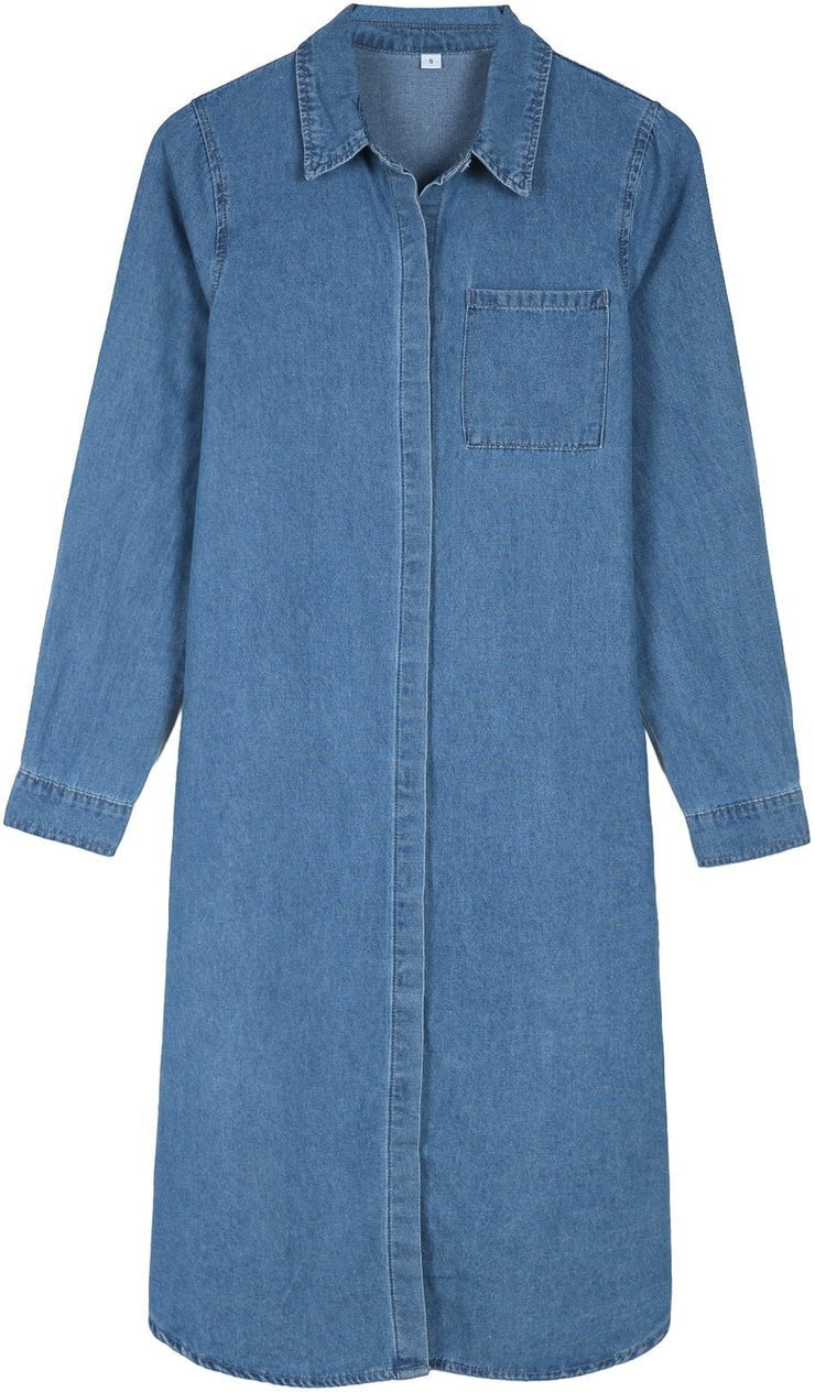 Chambray Denim Lapel Button Front Blouse Midi Dress