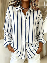 Women Striped Casual Shirt Shirt Collar Long Sleeve Buckle Top