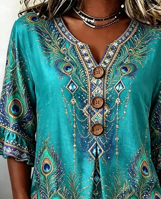 Women Floral Casual Blouse V Neck Half Sleeve Top