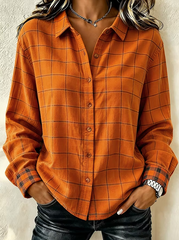 Women's Casual Orange Plaid Lapel Long Sleeve Shirt