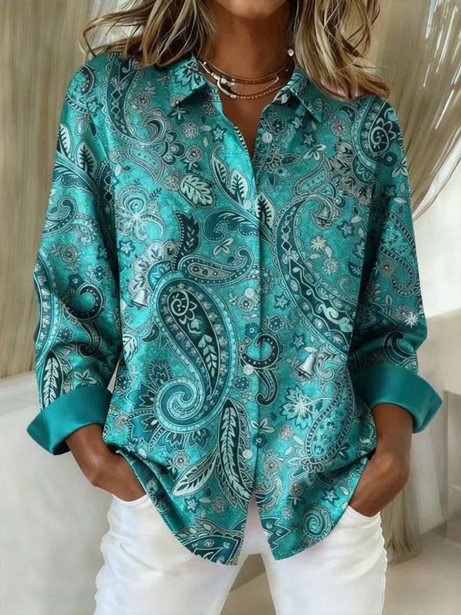 Women Paisley Casual Shirt Shirt Collar Long Sleeve Buckle Top