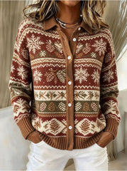 Leaf Printing Casual Shawl Collar Knit Top