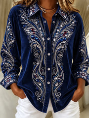 Women Geometric Casual Vintage Shirt Shawl Collar Long Sleeve Top